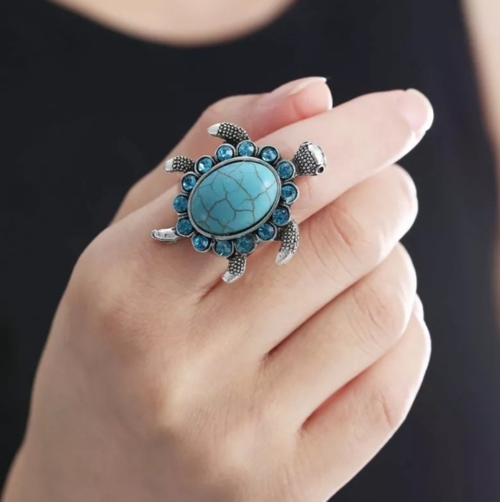Silver Sea Turtle Retro Charm Adjustable Ring *NWT